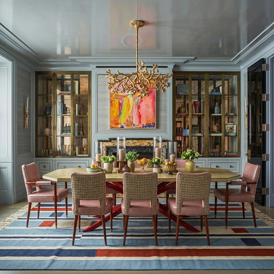 Blue Zanafi Kilim rug Tifernine with offset stripes, lifestyle dining room view
