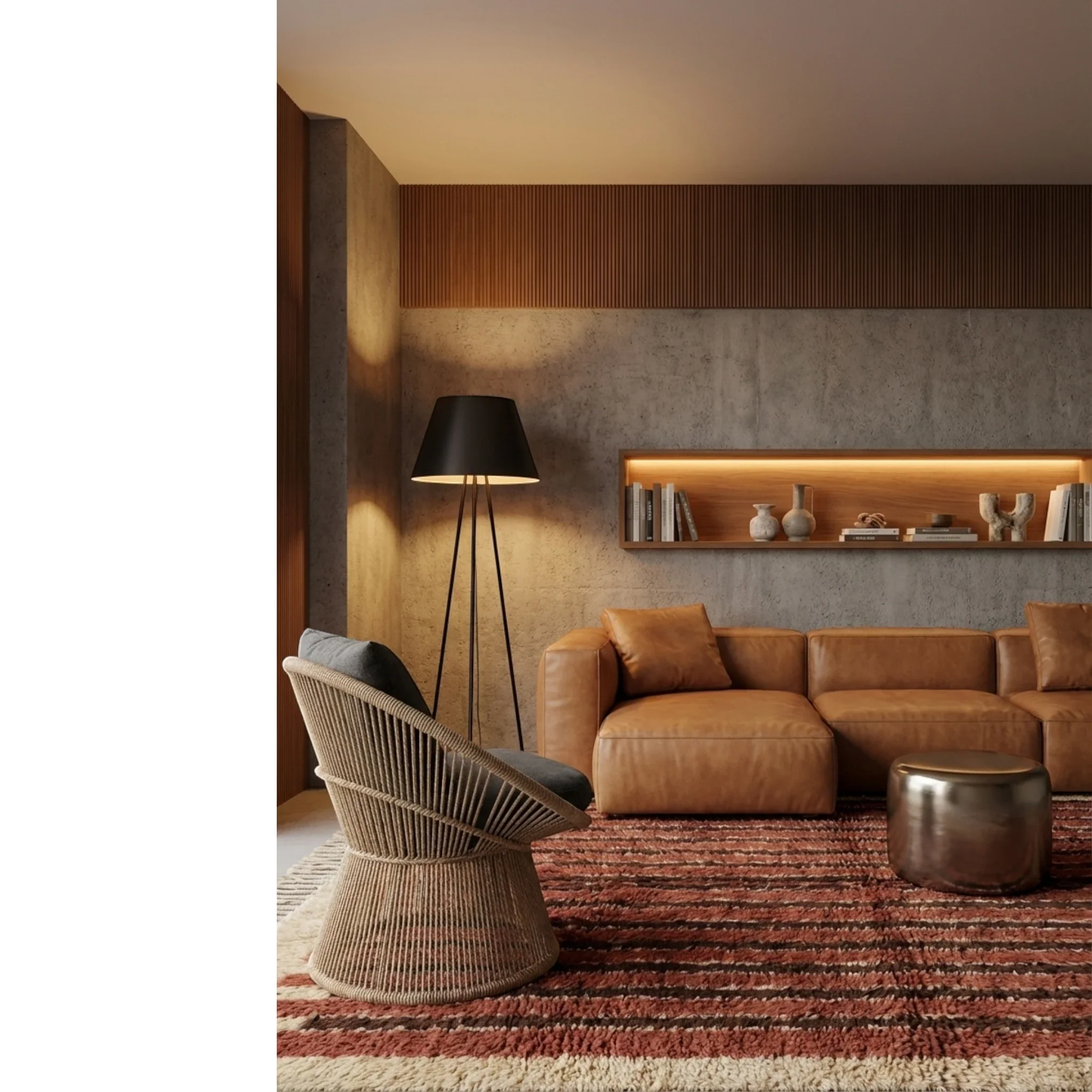 Tifrit terracotta Beni Ourain rug styled in a warm contemporary living room.