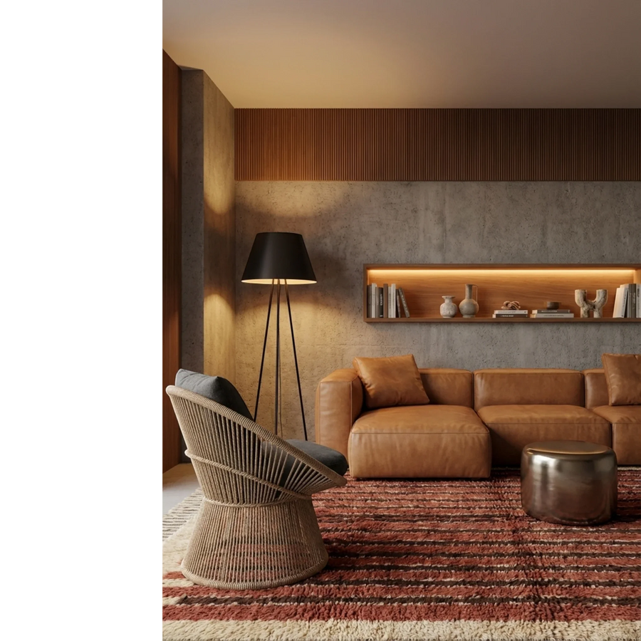 Tifrit terracotta Beni Ourain rug styled in a warm contemporary living room.