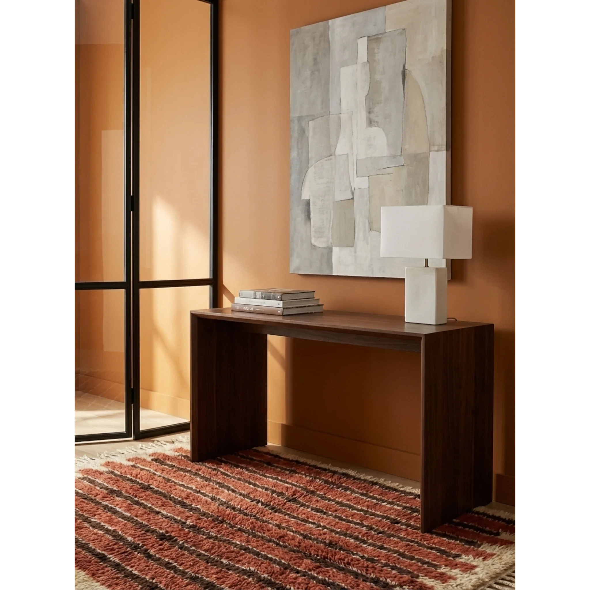 Alternative room view of the Tifrit terracotta striped Moroccan rug.