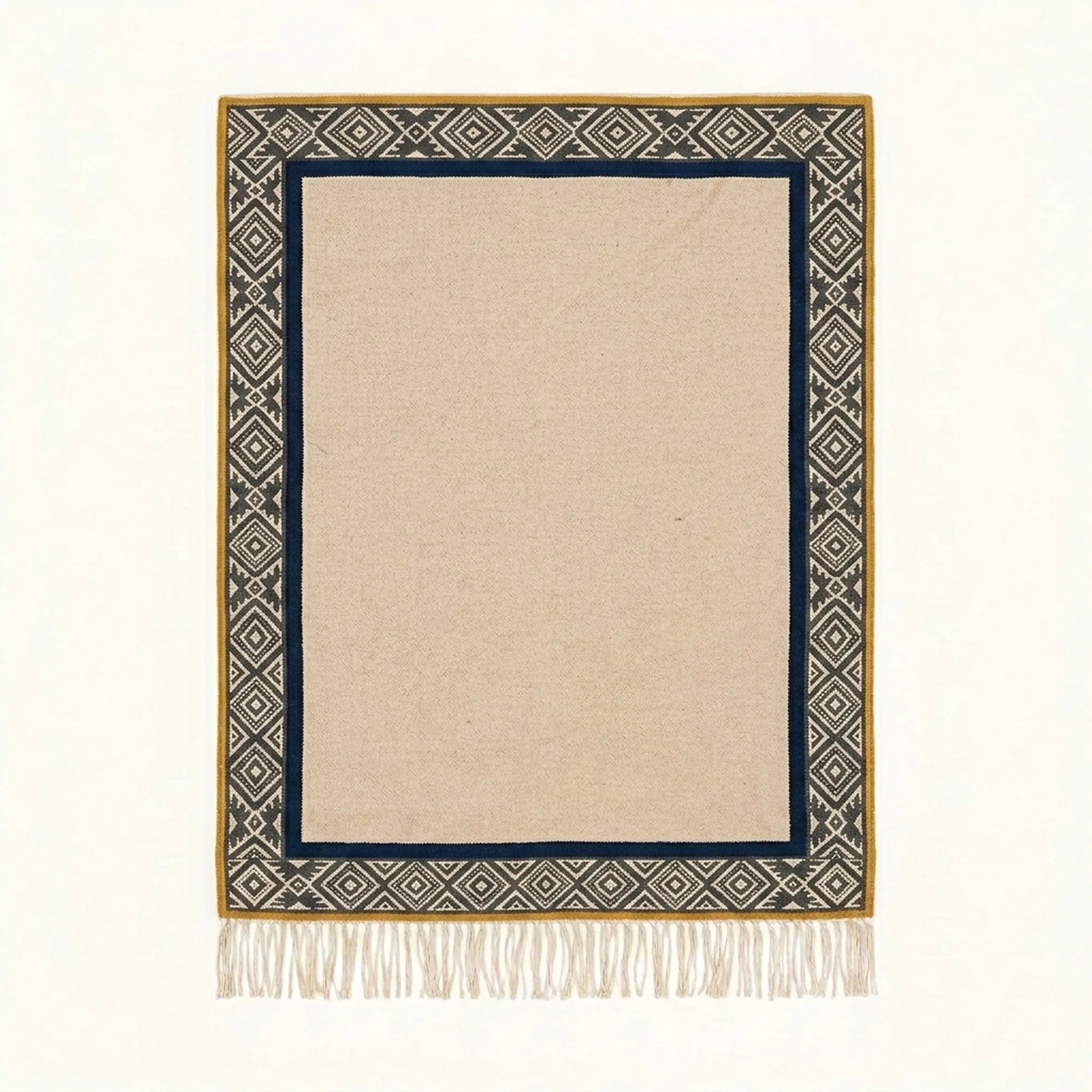 Ivory, charcoal and navy Zanafi rug Tighremt with tribal geometric border, full rug view