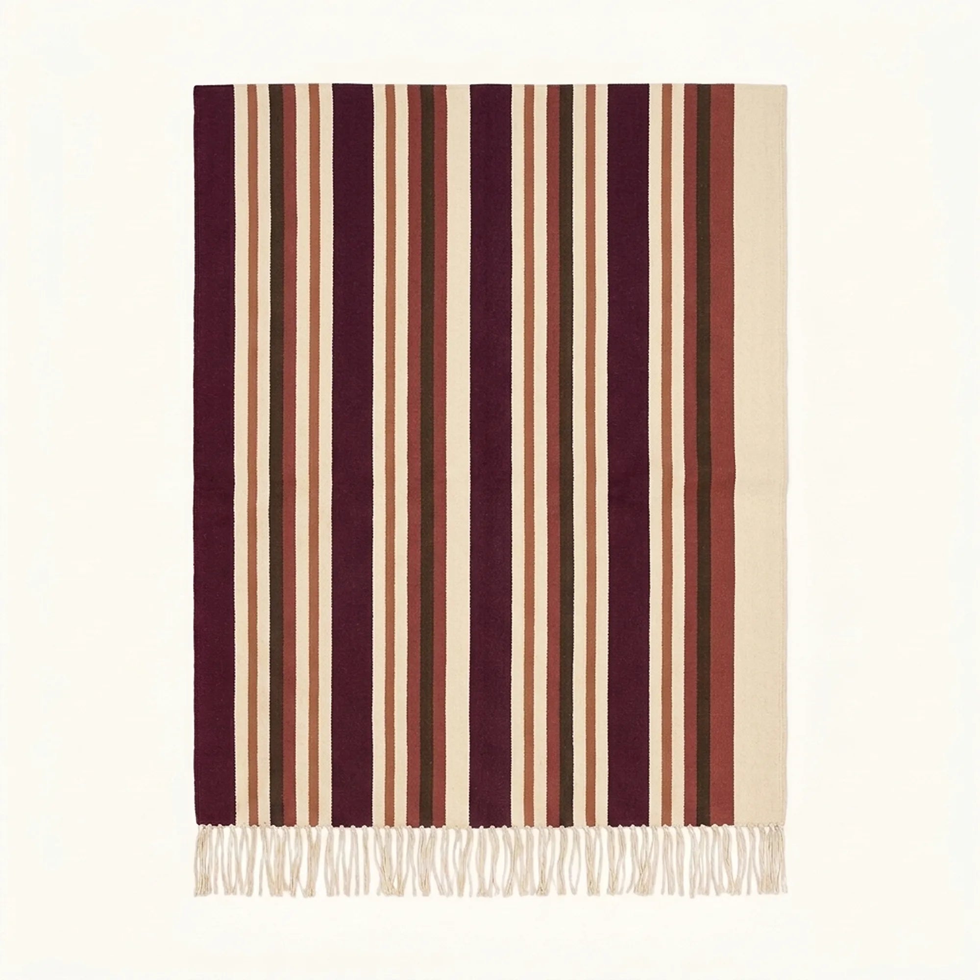Burgundy Zanafi Kilim rug Tinghir with taupe and ivory fine stripes, full rug view