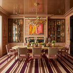 Burgundy Zanafi Kilim rug Tinghir with fine stripes, lifestyle dining room view
