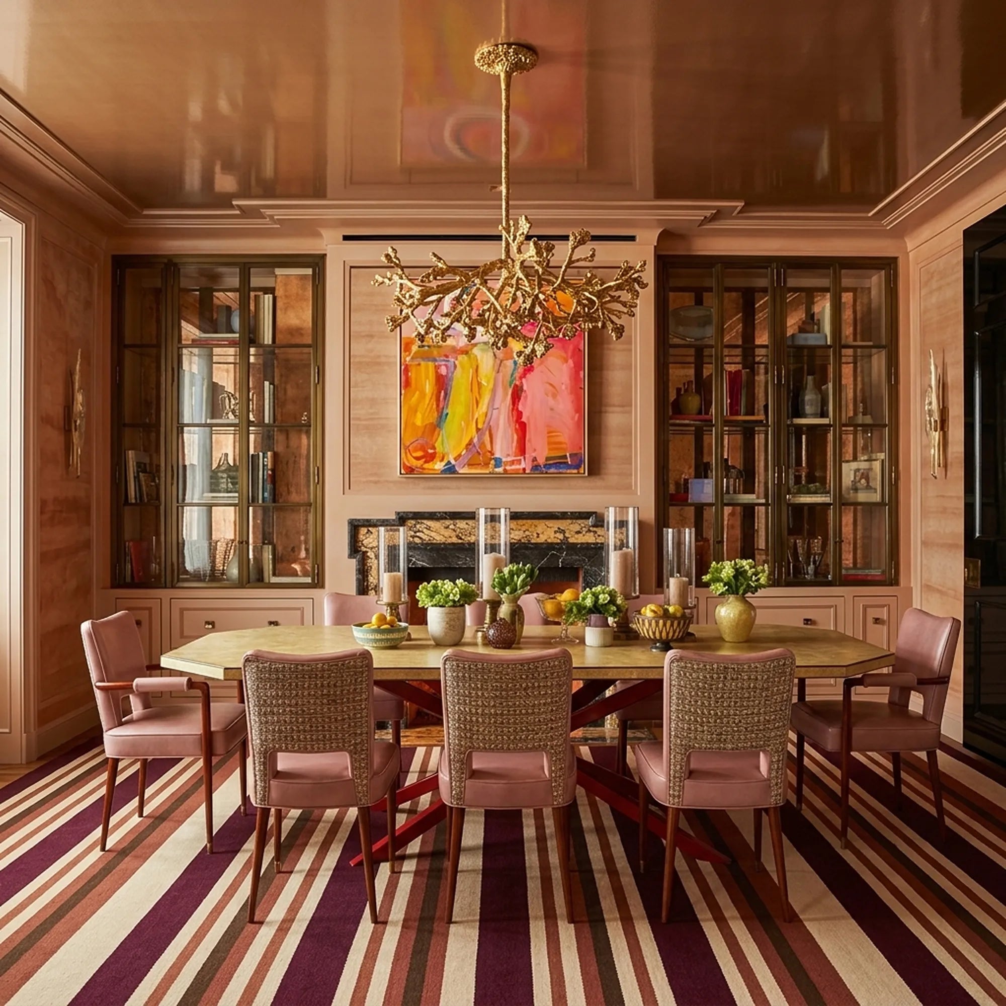 Burgundy Zanafi Kilim rug Tinghir with fine stripes, lifestyle dining room view