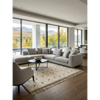 Tislit ivory Beni Ourain rug styled in a bright contemporary living room.