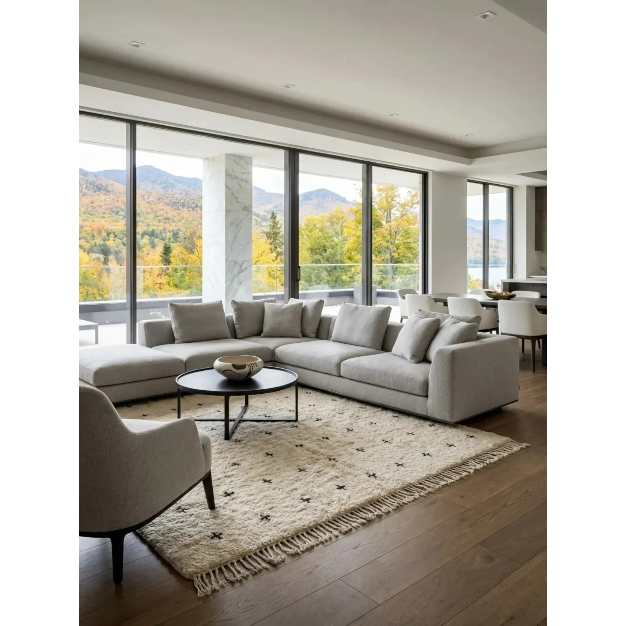 Tislit ivory Beni Ourain rug styled in a bright contemporary living room.