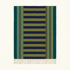 Green Zanafi Kilim rug Tisselday with navy bordered bands, full rug view