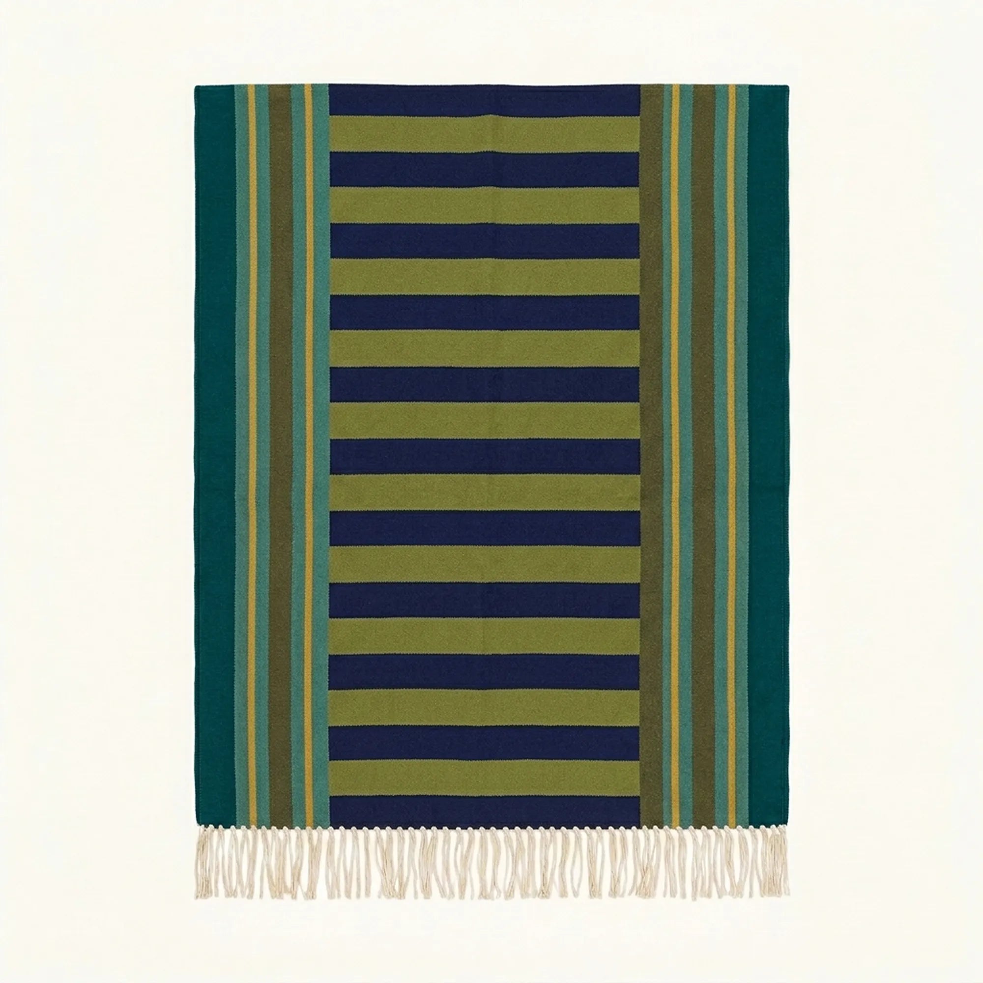 Green Zanafi Kilim rug Tisselday with navy bordered bands, full rug view