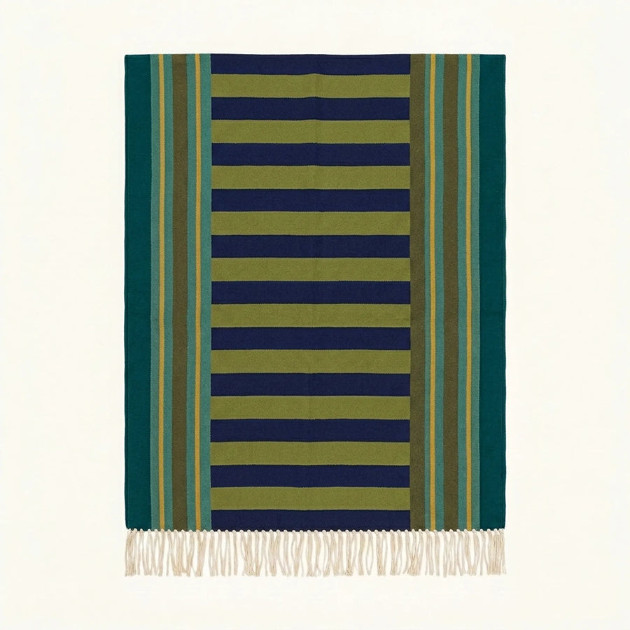 Green Zanafi Kilim rug Tisselday with navy bordered bands, full rug view