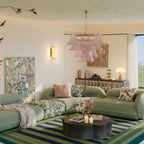 Green Zanafi Kilim rug Tisselday with bordered bands, lifestyle living room view