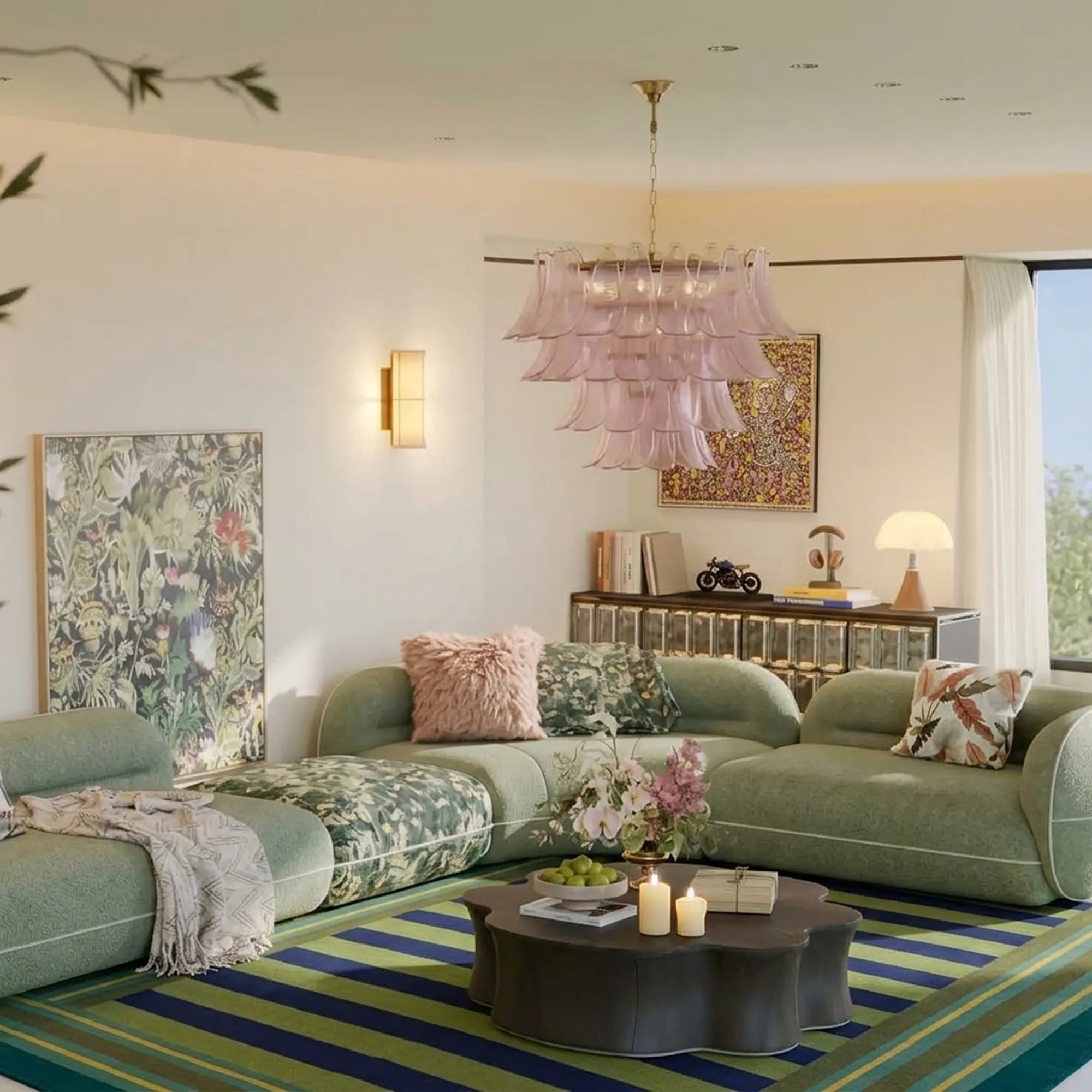 Green Zanafi Kilim rug Tisselday with bordered bands, lifestyle living room view