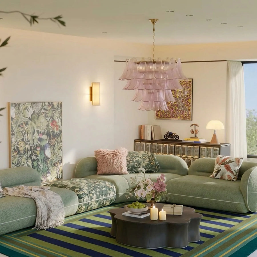 Green Zanafi Kilim rug Tisselday with bordered bands, lifestyle living room view