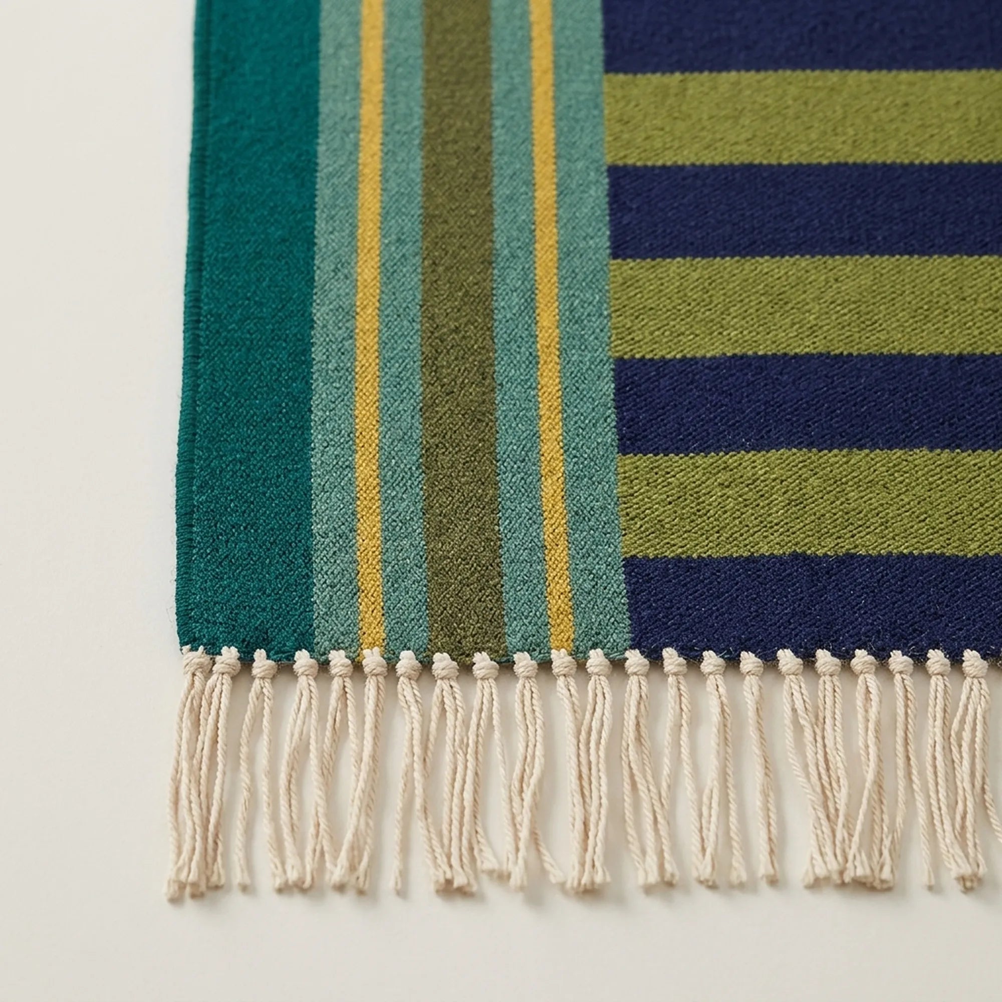 Green Zanafi Kilim rug Tisselday, bordered stripe and fringe detail