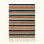 Navy Zanafi Kilim rug Toundout with terracotta and sage stripes, full rug view