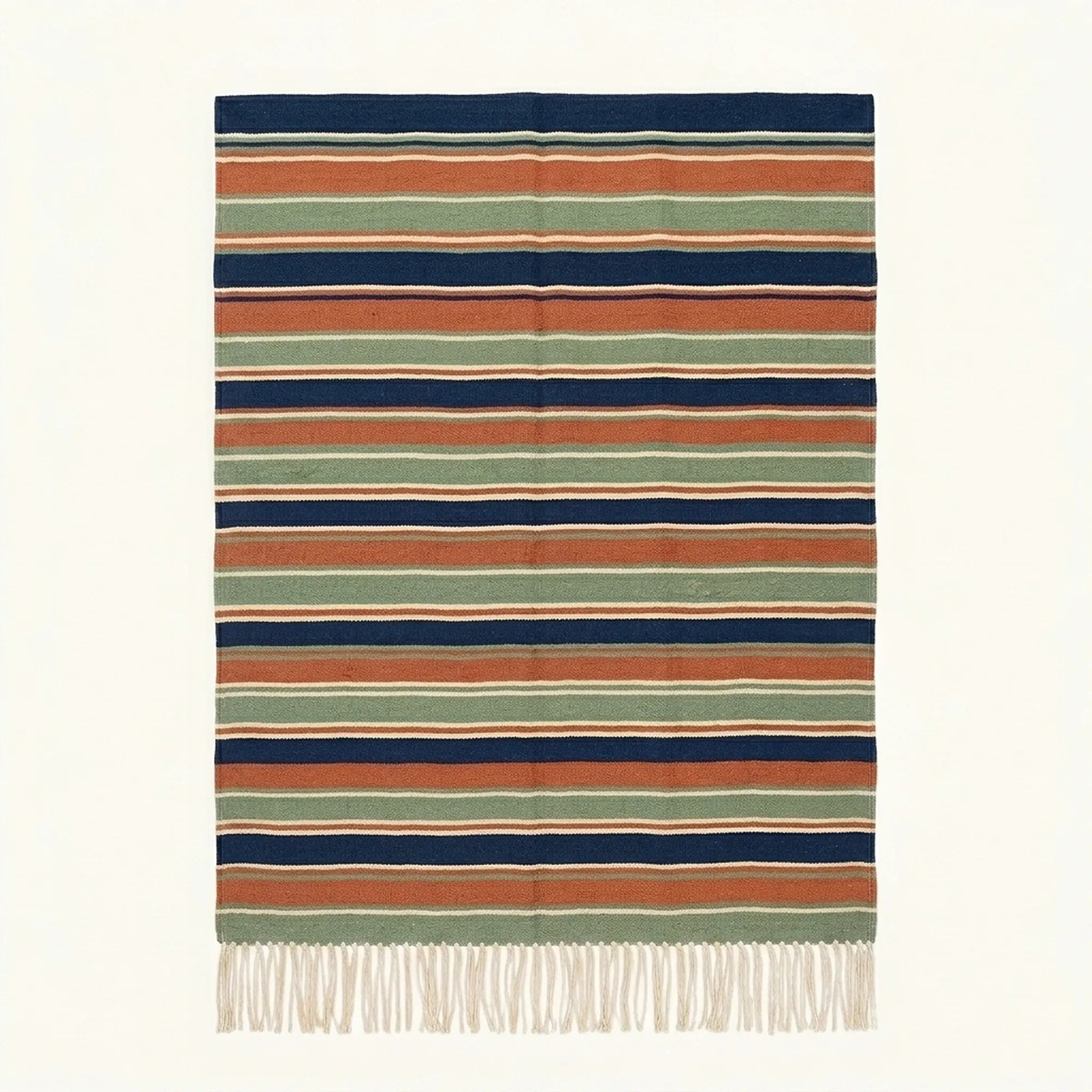 Navy Zanafi Kilim rug Toundout with terracotta and sage stripes, full rug view