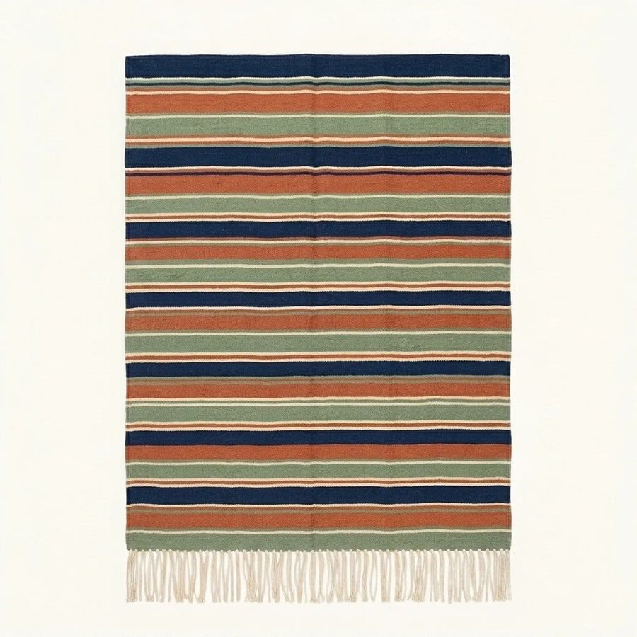 Navy Zanafi Kilim rug Toundout with terracotta and sage stripes, full rug view