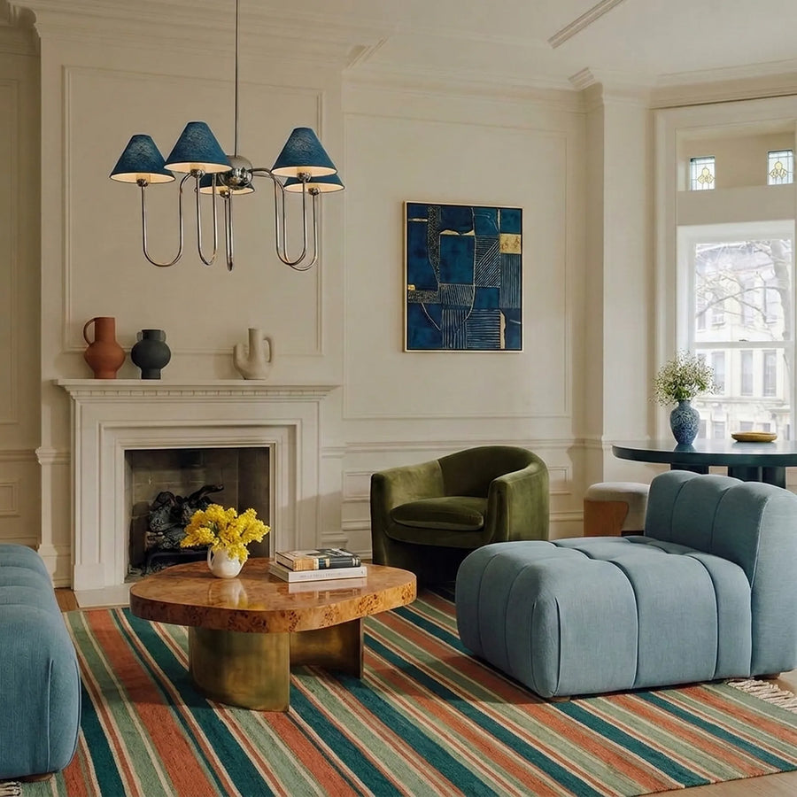 Navy Zanafi Kilim rug Toundout with linear stripes, lifestyle living room view