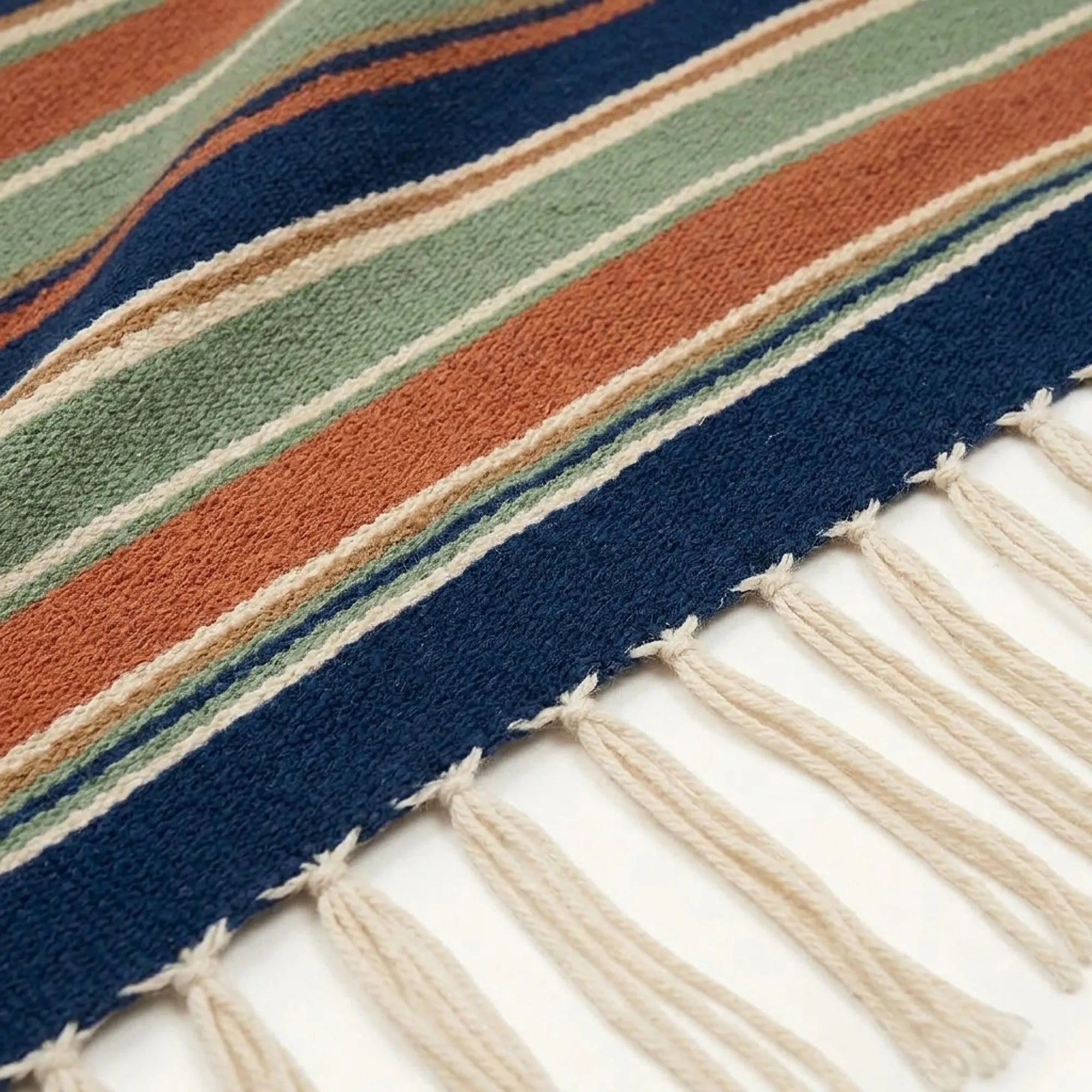 Navy Zanafi Kilim rug Toundout, fringe and stripe detail