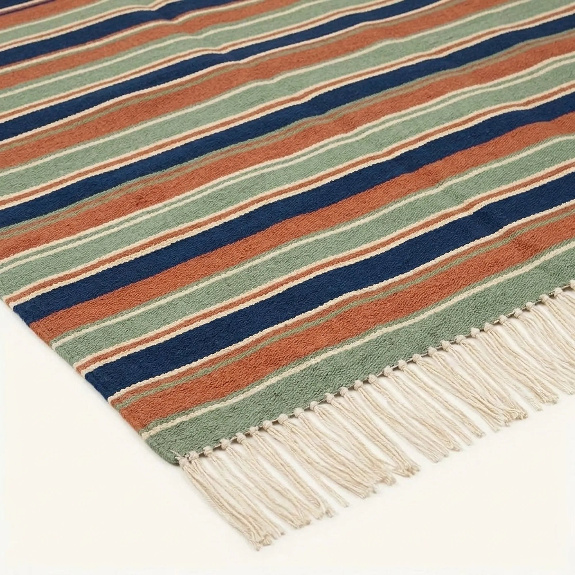 Navy Zanafi Kilim rug Toundout, handwoven fringe detail