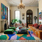 Taziri colorful Boujaad rug styled in an interior setting.