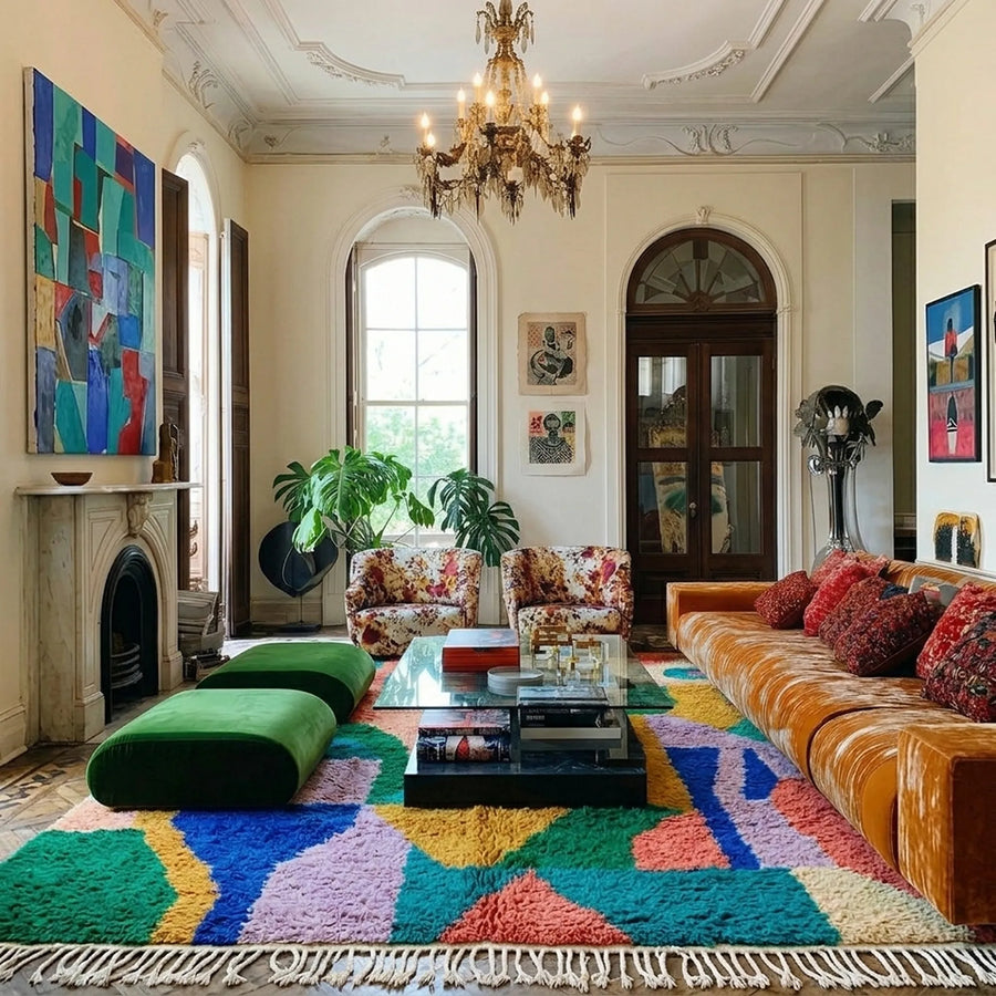 Taziri colorful Boujaad rug styled in an interior setting.