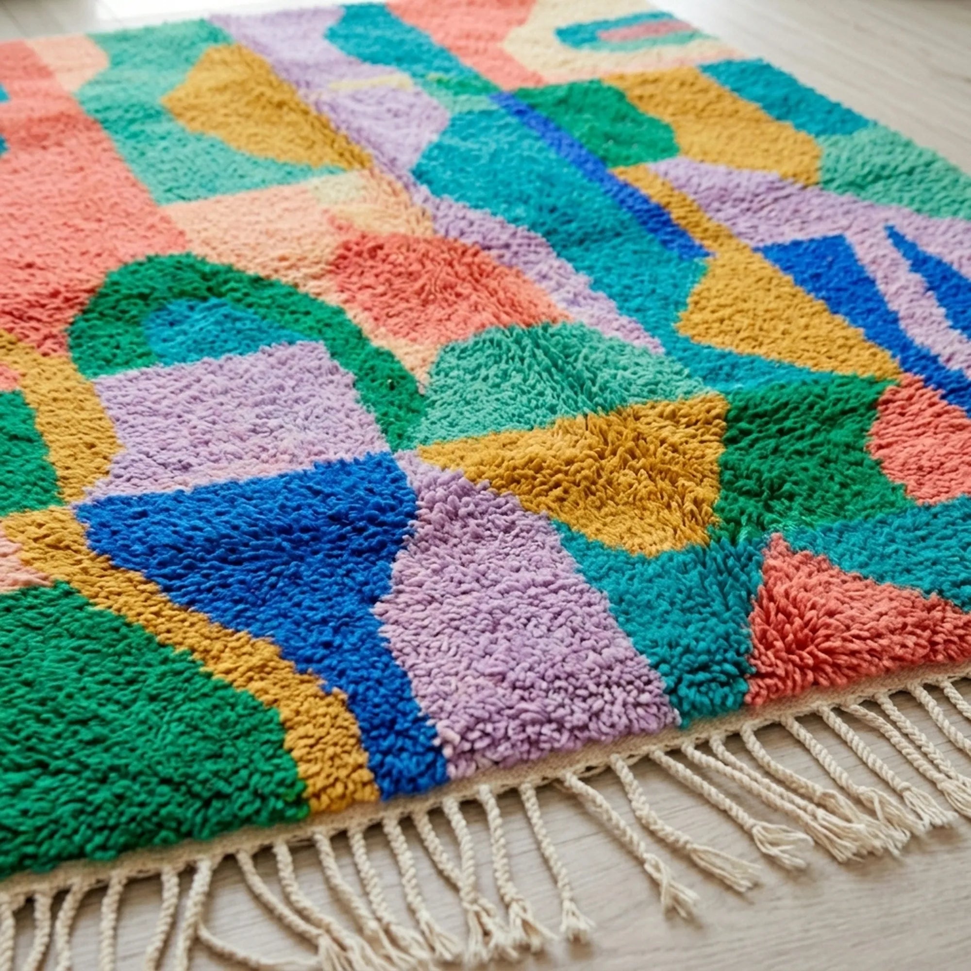 Fringe and edge detail of the Taziri turquoise Boujaad rug.