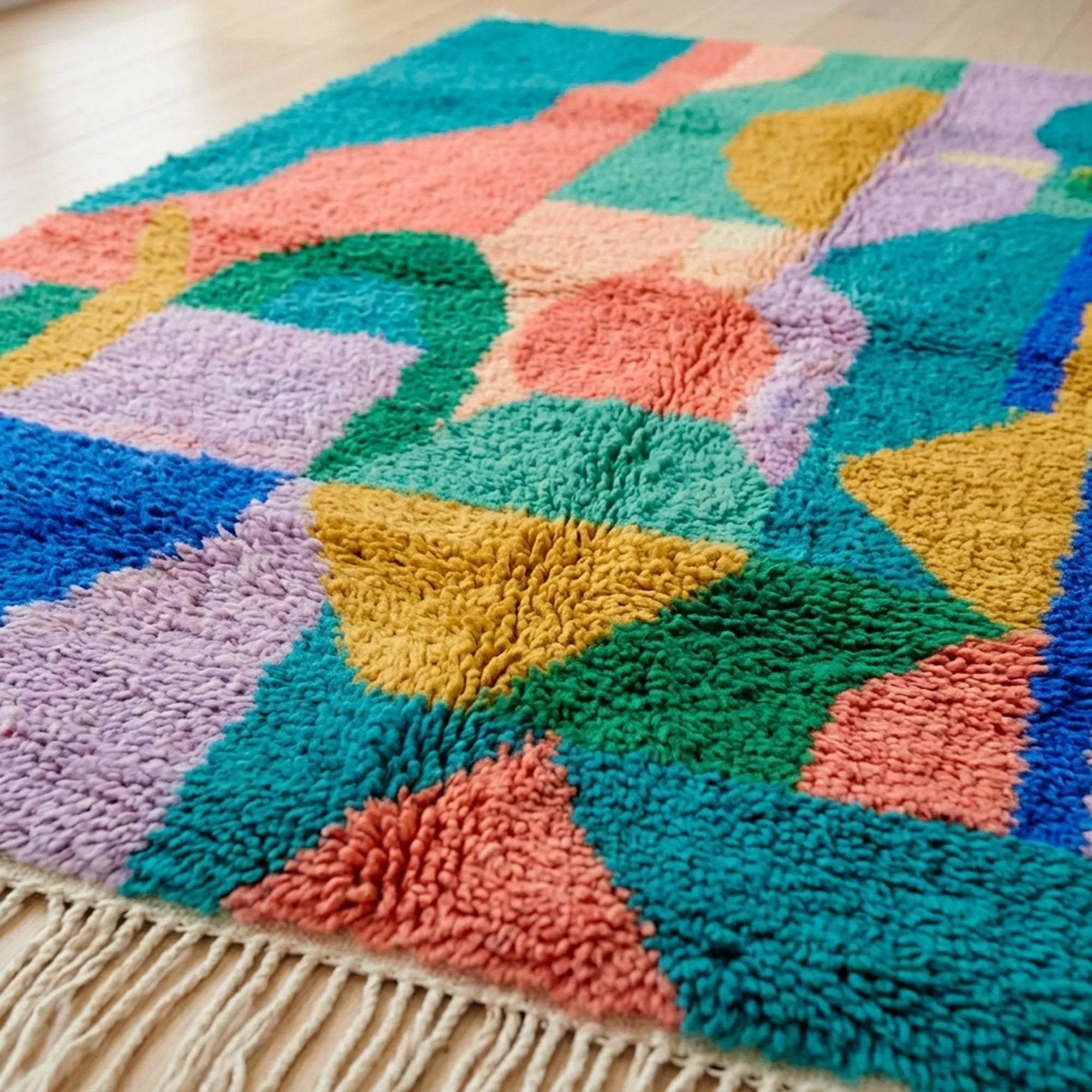 Angled view showing the pattern and wool pile of the Taziri Boujaad rug.