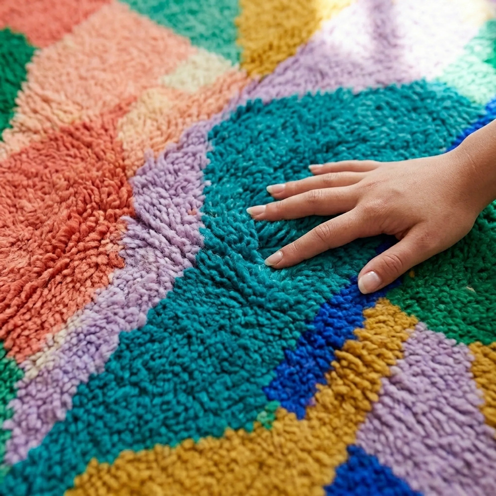 Hand touching the plush natural wool pile of the Taziri Boujaad rug.