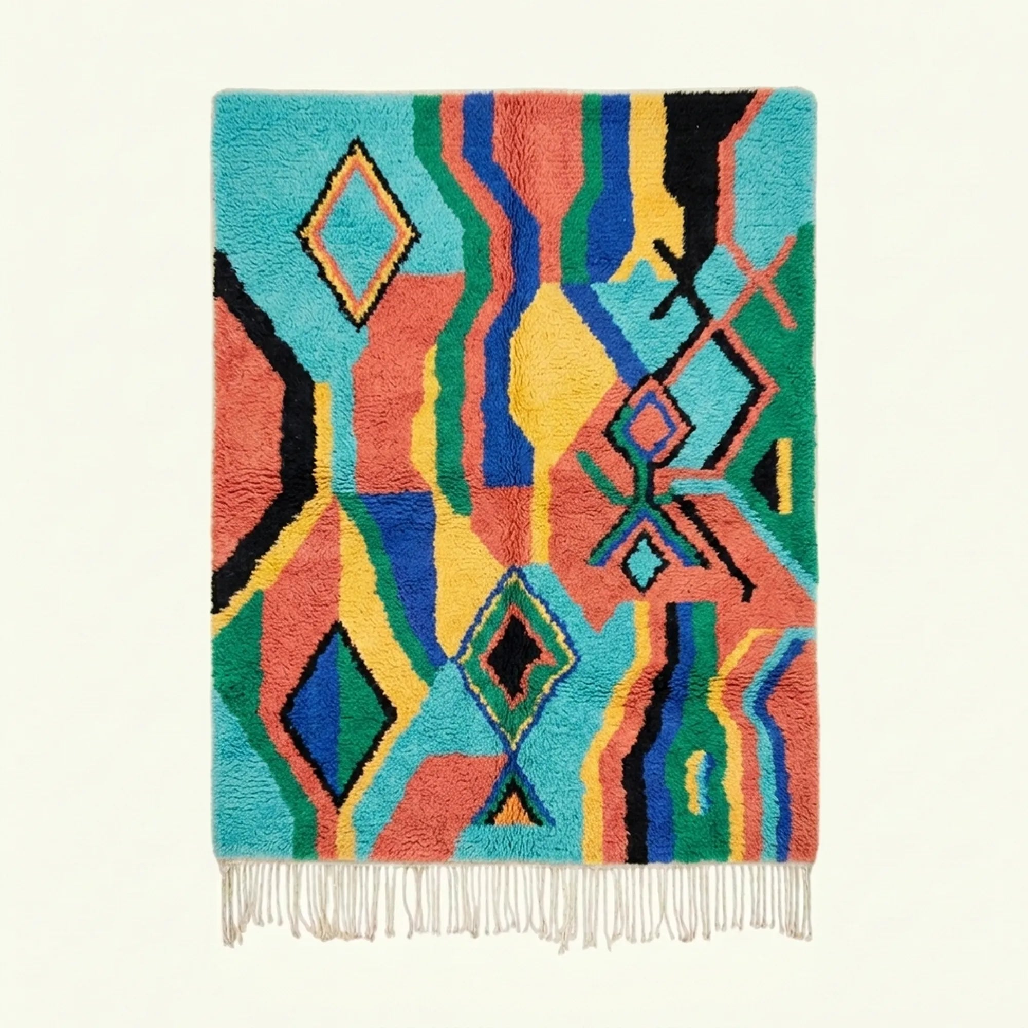 Full view of the Anir turquoise, coral and yellow Boujaad rug with a wavy geometric diamond design.