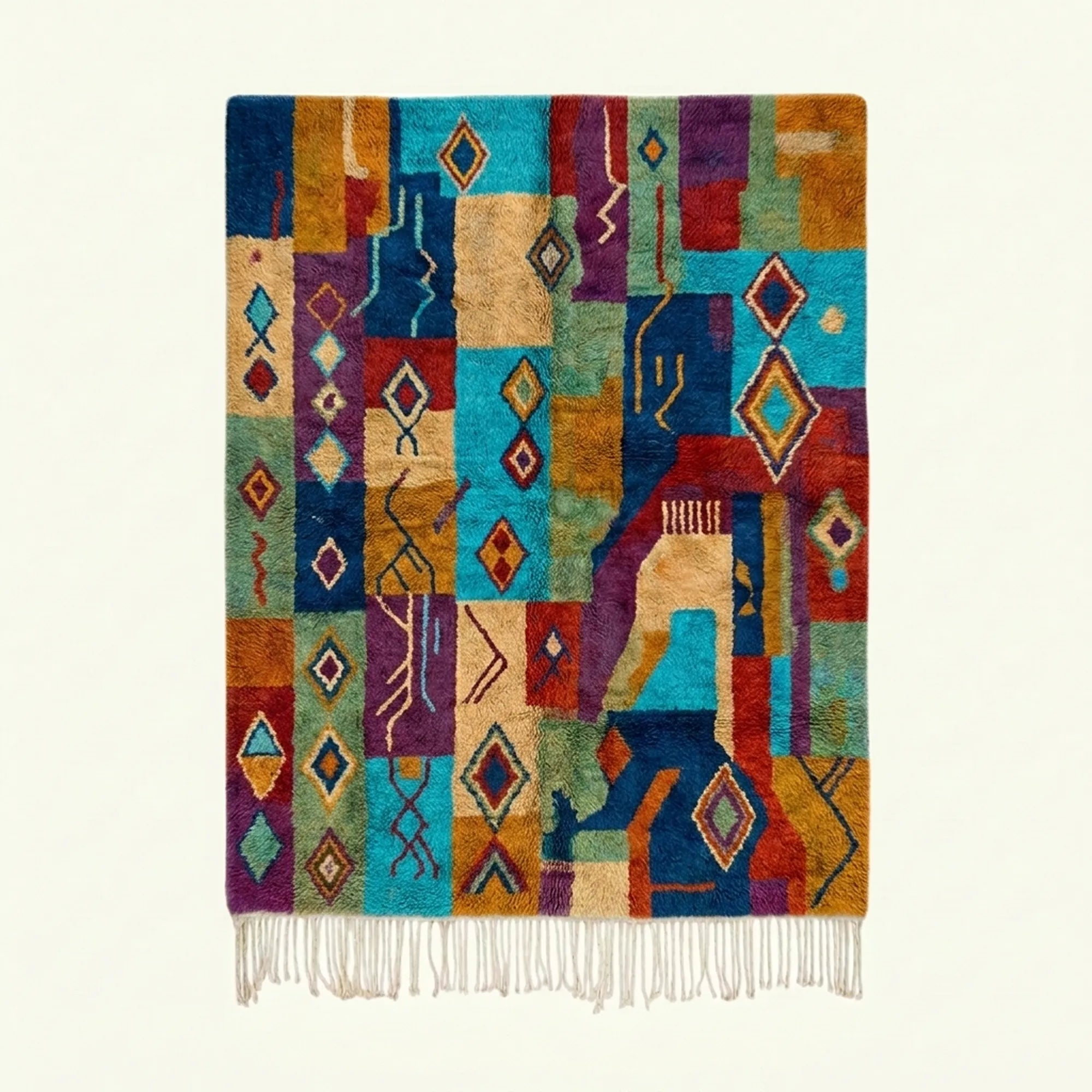Full view of the Amadal turquoise, ochre and burgundy Boujaad rug with a vertical patchwork diamond design.