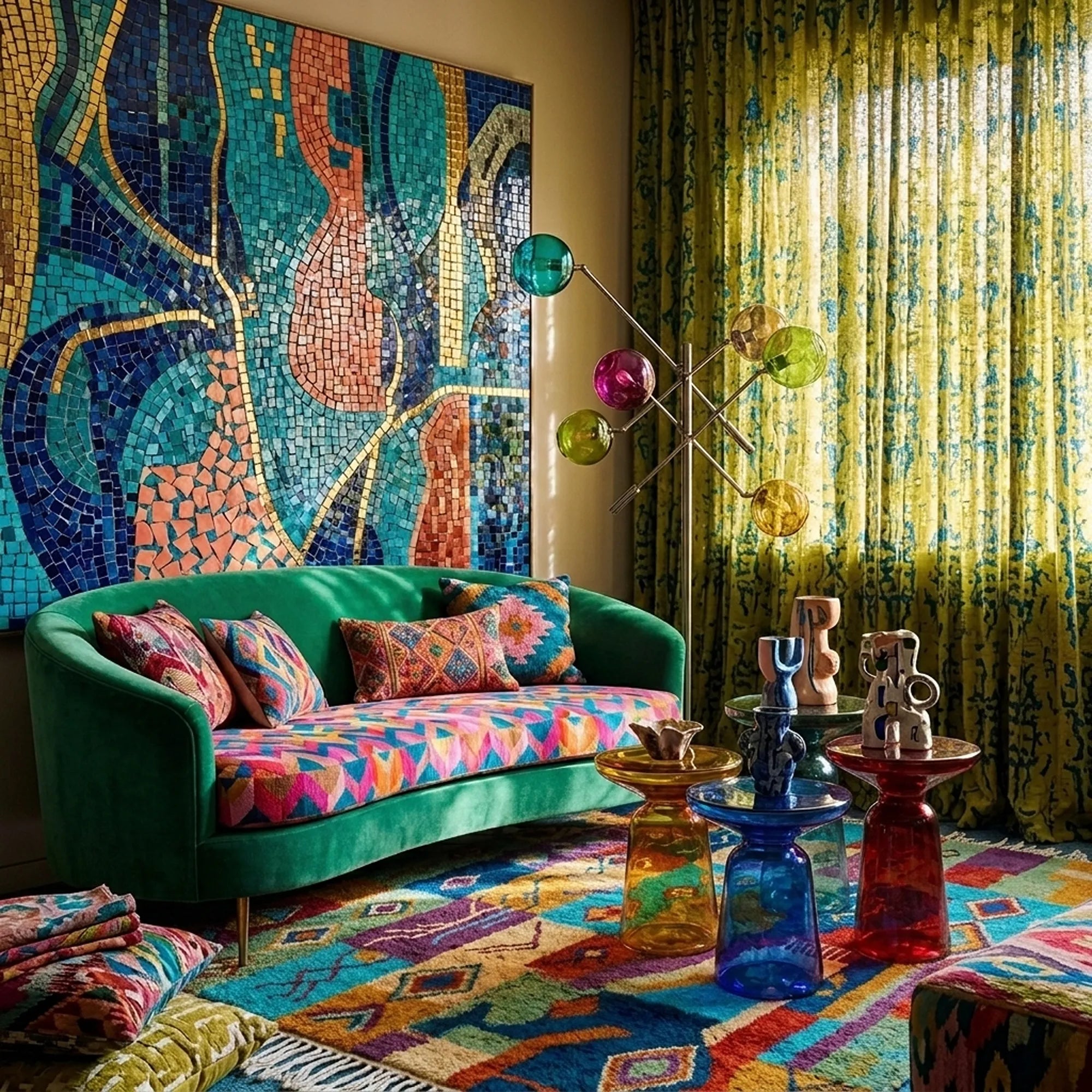Amadal colorful Boujaad rug styled in an interior setting.