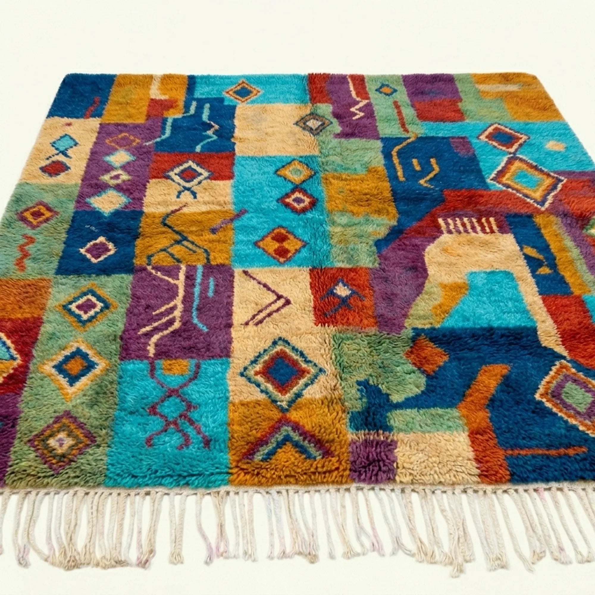 Angled view showing the pattern and wool pile of the Amadal Boujaad rug.