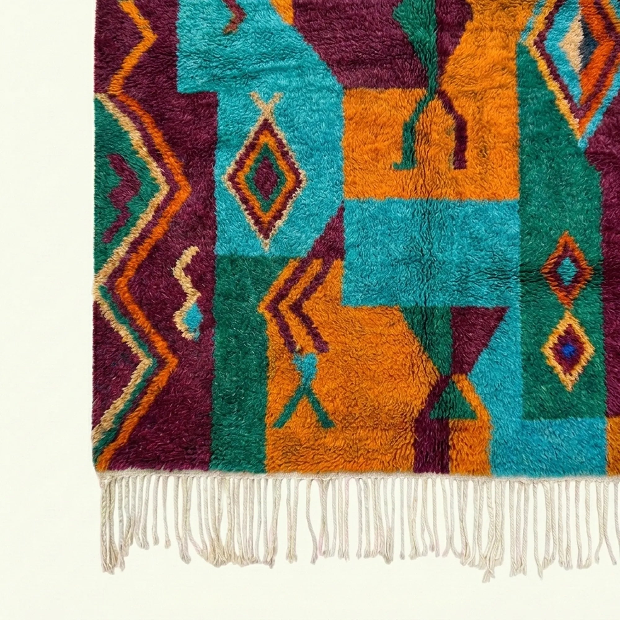 Fringe and edge detail of the Azru turquoise Boujaad rug.