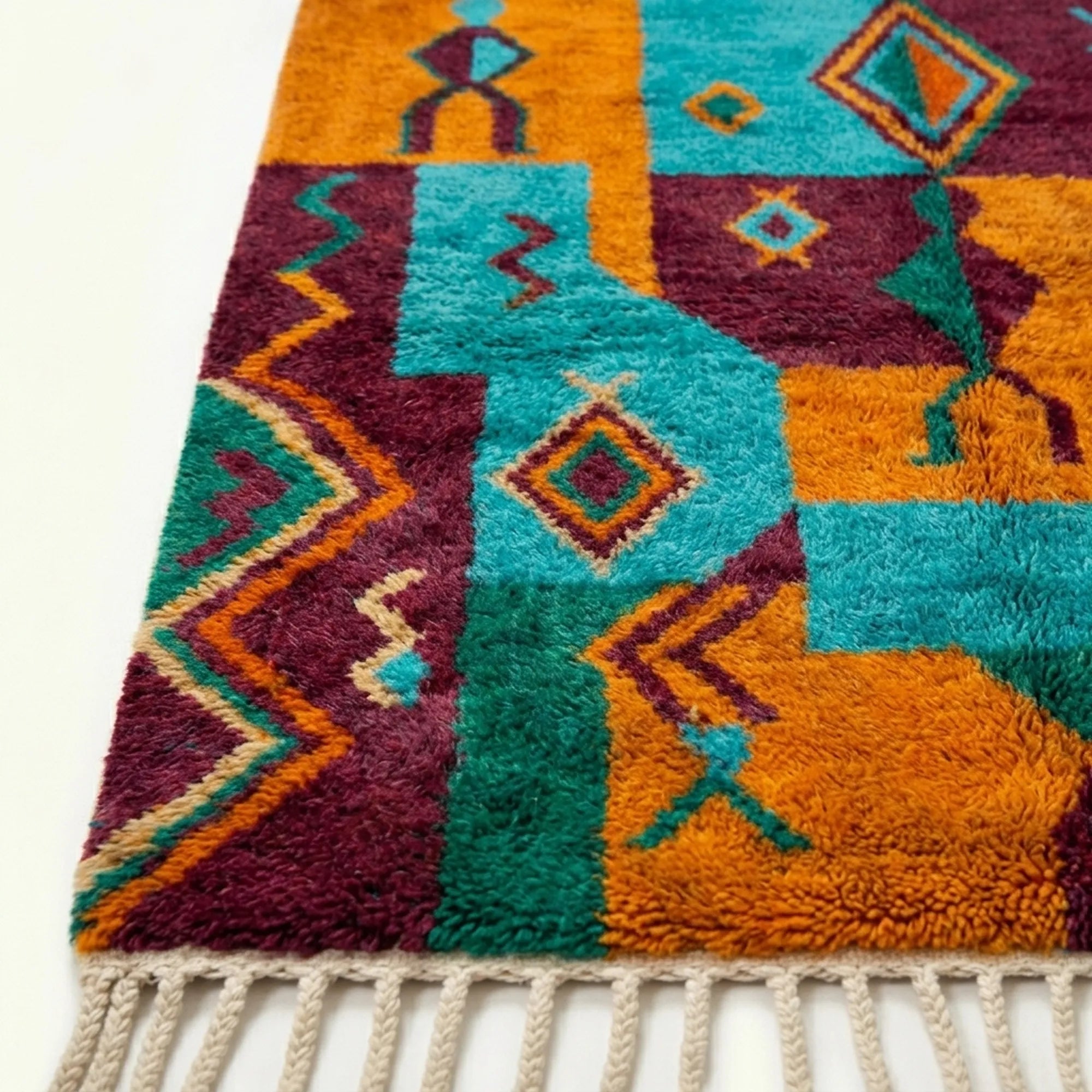 Border and edge detail of the Azru Boujaad rug in turquoise and orange.