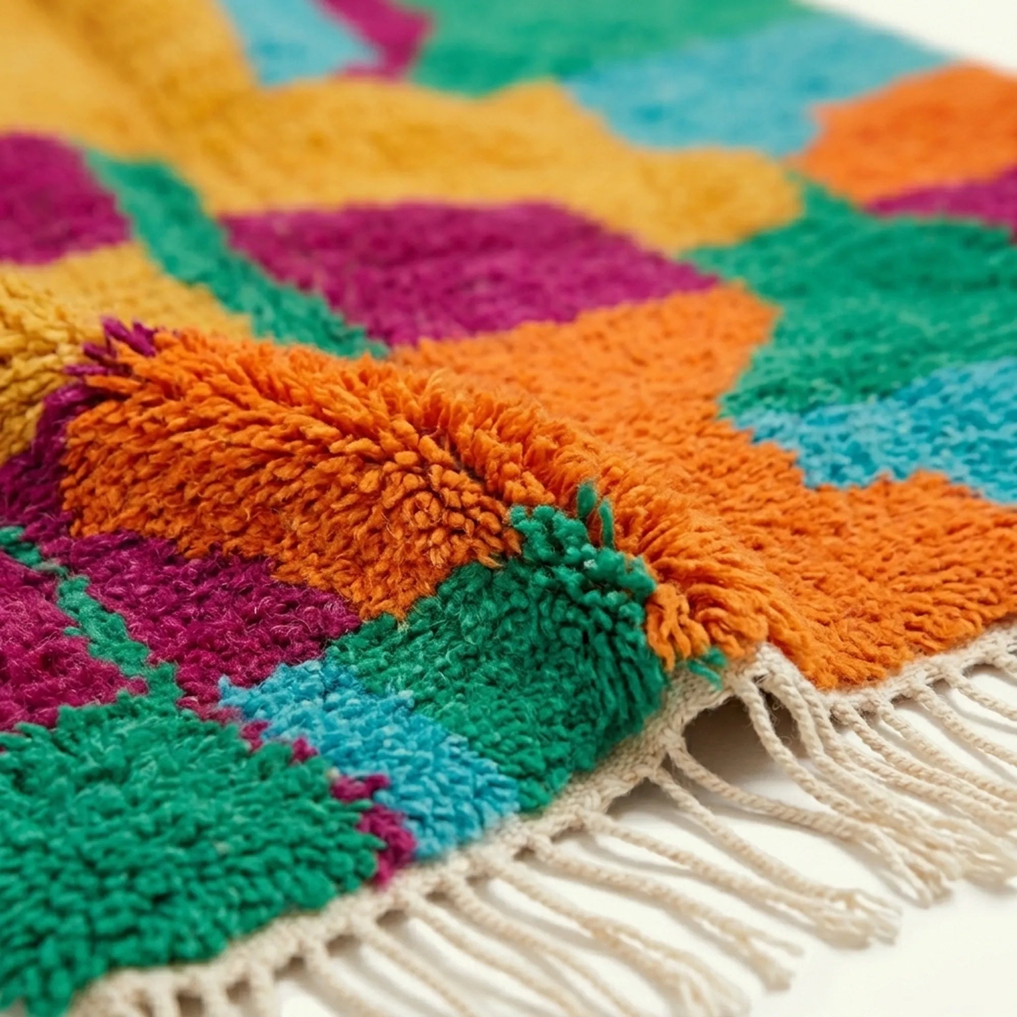 Hand touching the plush natural wool pile of the Itri Boujaad rug.