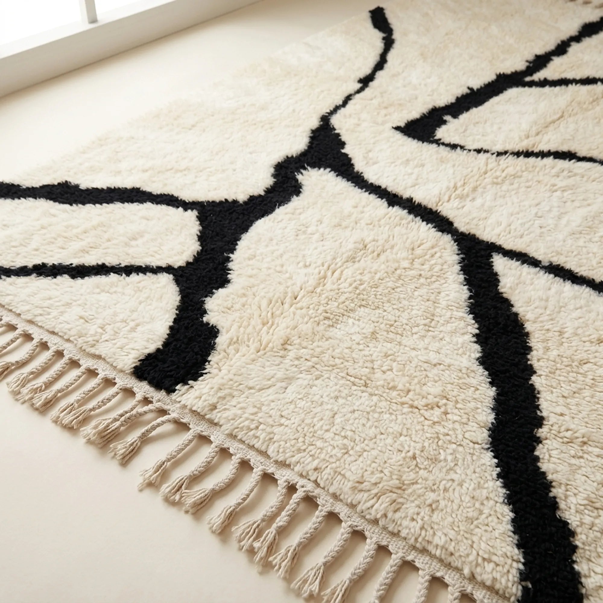 Fringe and edge detail of the Inur warm ivory and black Beni Ourain rug.