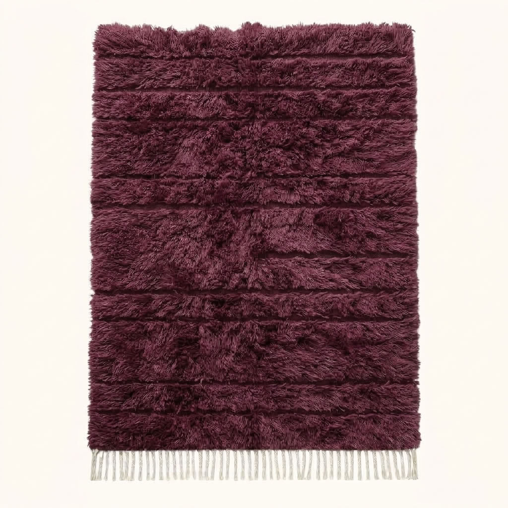 Wine Beni Ourain rug with dense soft pile weave, full flat view on plain background showing rectangular shape