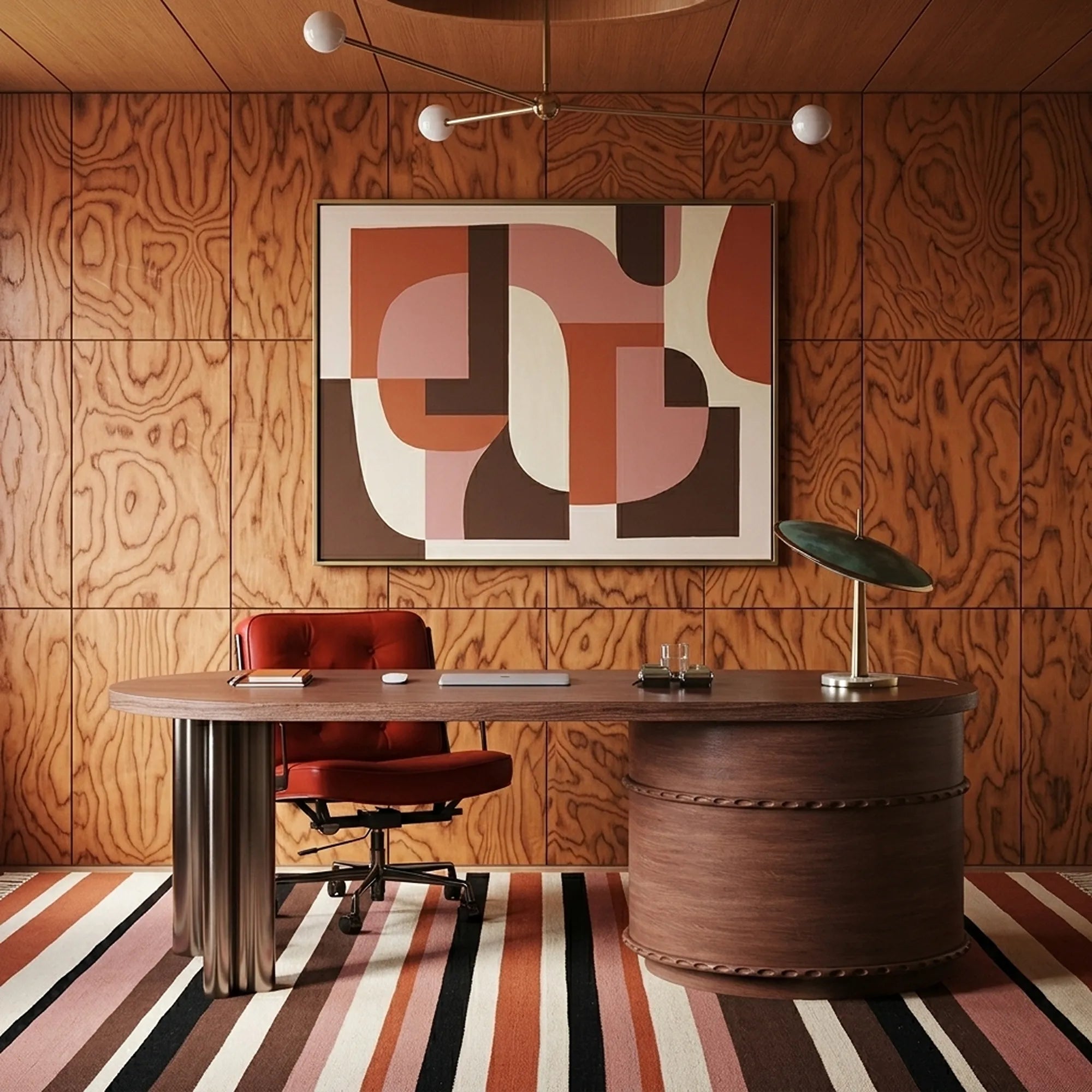 Terracotta Zanafi rug Zagora with horizontal stripes in a modern office
